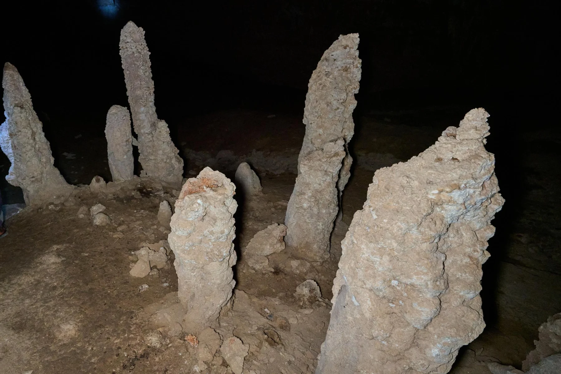 Limestone formations in a dark cave